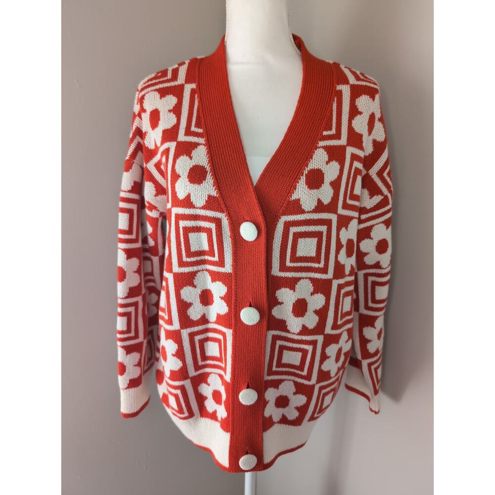 Zara Orange floral funky geometric M knit button up sweater cardigan